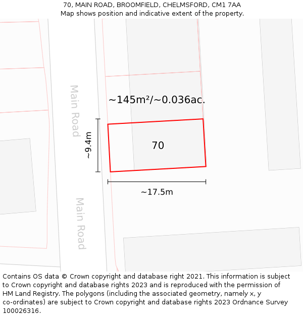 70, MAIN ROAD, BROOMFIELD, CHELMSFORD, CM1 7AA: Plot and title map