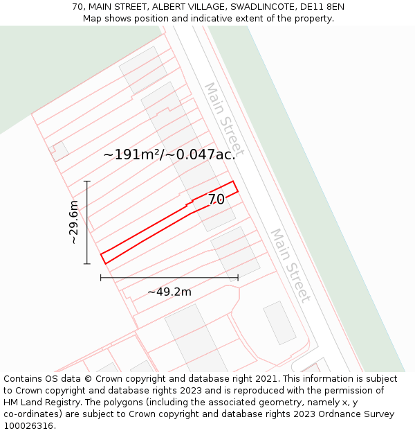 70, MAIN STREET, ALBERT VILLAGE, SWADLINCOTE, DE11 8EN: Plot and title map