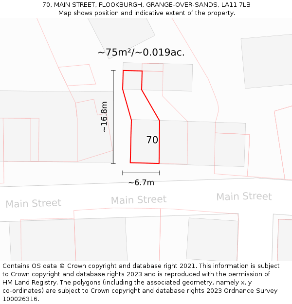 70, MAIN STREET, FLOOKBURGH, GRANGE-OVER-SANDS, LA11 7LB: Plot and title map