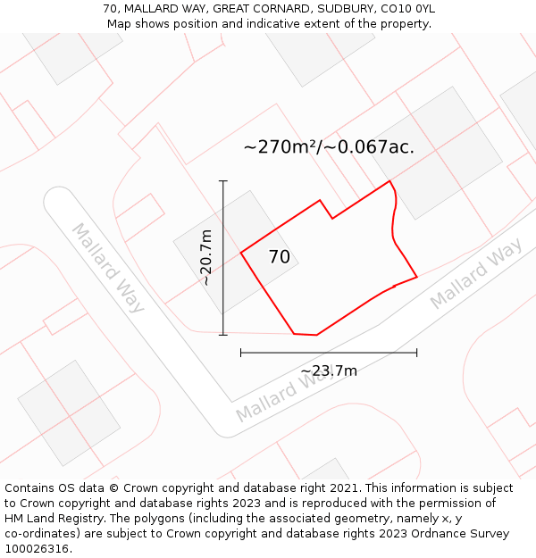70, MALLARD WAY, GREAT CORNARD, SUDBURY, CO10 0YL: Plot and title map