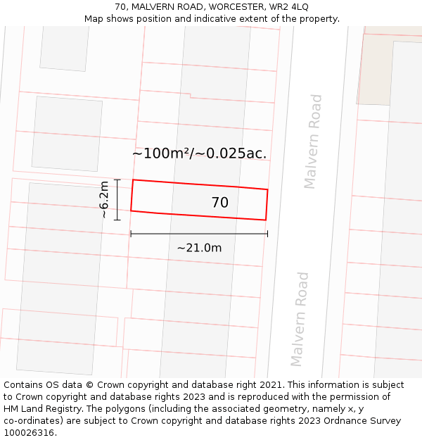 70, MALVERN ROAD, WORCESTER, WR2 4LQ: Plot and title map