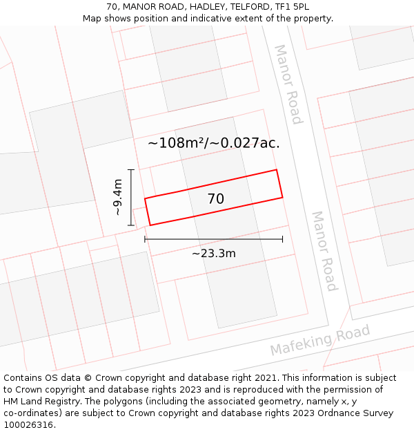 70, MANOR ROAD, HADLEY, TELFORD, TF1 5PL: Plot and title map