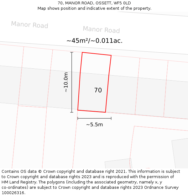 70, MANOR ROAD, OSSETT, WF5 0LD: Plot and title map