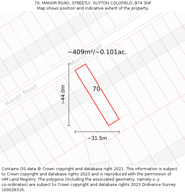 70, MANOR ROAD, STREETLY, SUTTON COLDFIELD, B74 3NF: Plot and title map