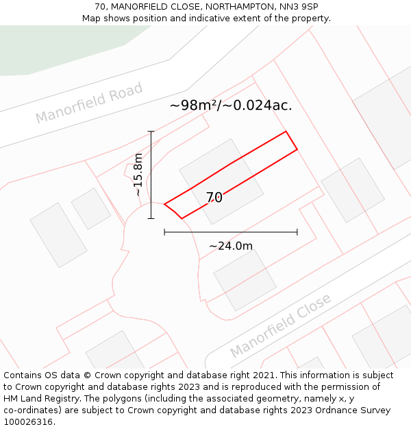70, MANORFIELD CLOSE, NORTHAMPTON, NN3 9SP: Plot and title map