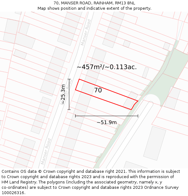 70, MANSER ROAD, RAINHAM, RM13 8NL: Plot and title map