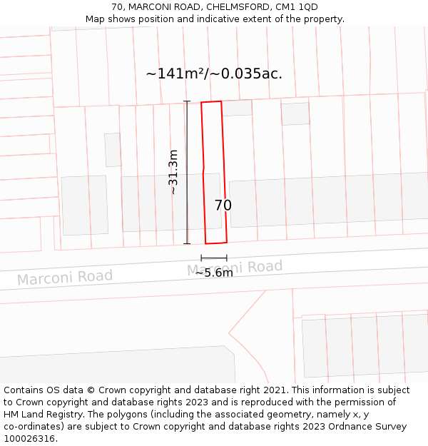 70, MARCONI ROAD, CHELMSFORD, CM1 1QD: Plot and title map