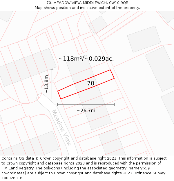 70, MEADOW VIEW, MIDDLEWICH, CW10 9QB: Plot and title map