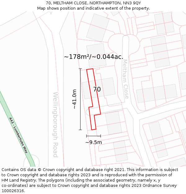 70, MELTHAM CLOSE, NORTHAMPTON, NN3 9QY: Plot and title map
