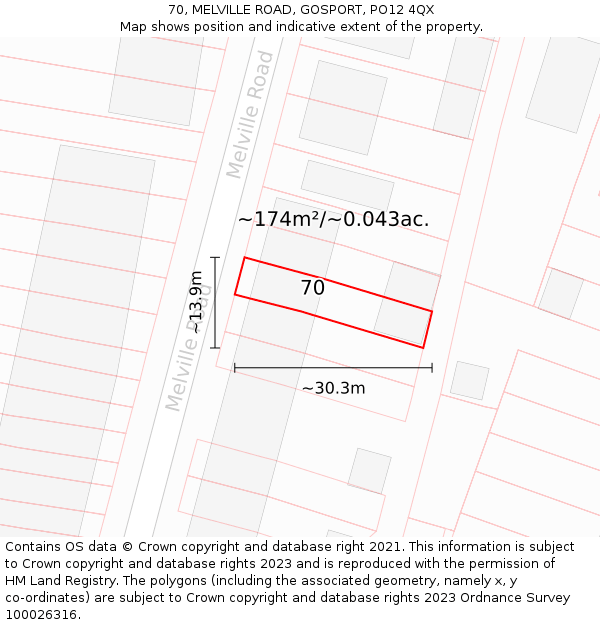 70, MELVILLE ROAD, GOSPORT, PO12 4QX: Plot and title map