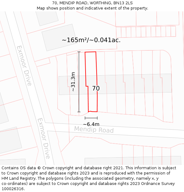 70, MENDIP ROAD, WORTHING, BN13 2LS: Plot and title map