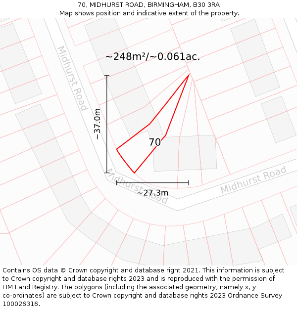 70, MIDHURST ROAD, BIRMINGHAM, B30 3RA: Plot and title map