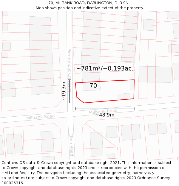 70, MILBANK ROAD, DARLINGTON, DL3 9NH: Plot and title map