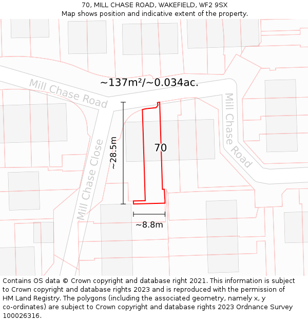 70, MILL CHASE ROAD, WAKEFIELD, WF2 9SX: Plot and title map
