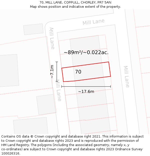 70, MILL LANE, COPPULL, CHORLEY, PR7 5AN: Plot and title map