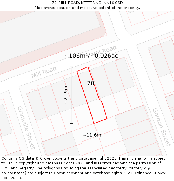 70, MILL ROAD, KETTERING, NN16 0SD: Plot and title map