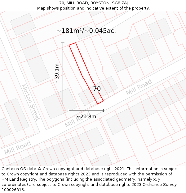 70, MILL ROAD, ROYSTON, SG8 7AJ: Plot and title map