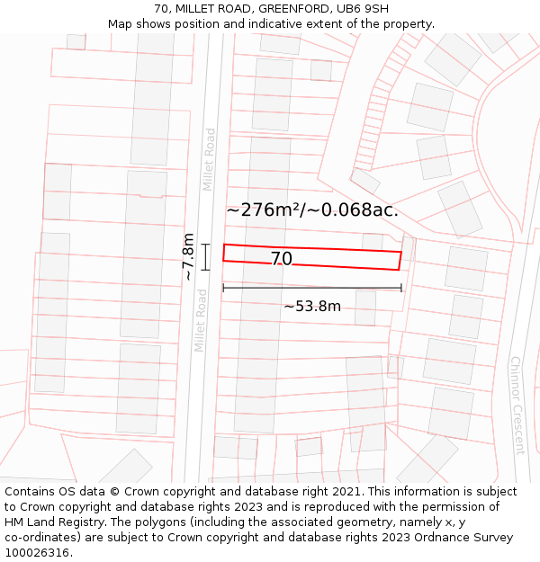 70, MILLET ROAD, GREENFORD, UB6 9SH: Plot and title map
