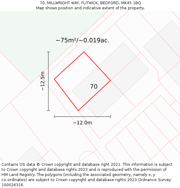 70, MILLWRIGHT WAY, FLITWICK, BEDFORD, MK45 1BQ: Plot and title map