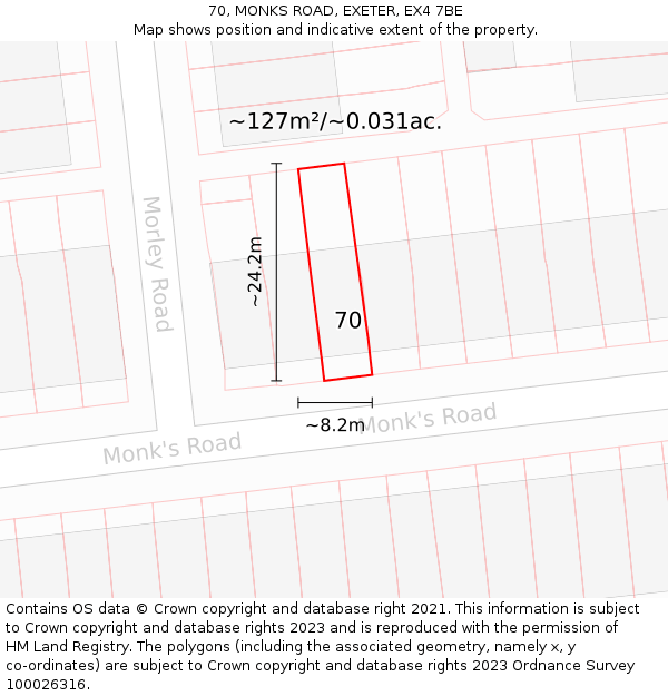 70, MONKS ROAD, EXETER, EX4 7BE: Plot and title map