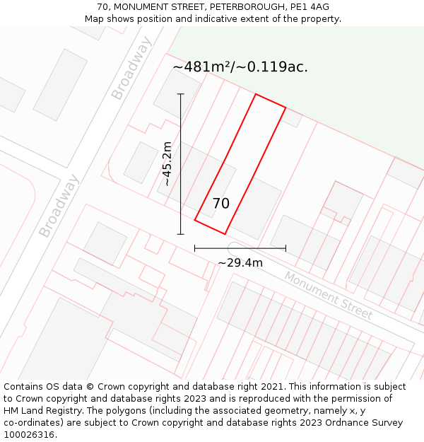 70, MONUMENT STREET, PETERBOROUGH, PE1 4AG: Plot and title map