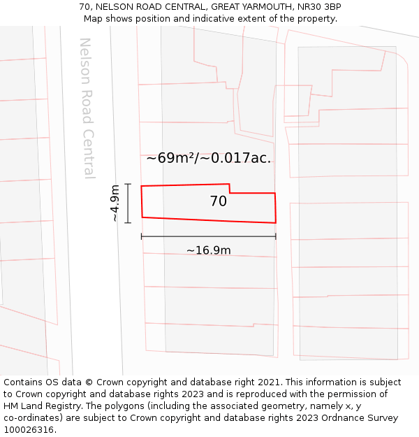 70, NELSON ROAD CENTRAL, GREAT YARMOUTH, NR30 3BP: Plot and title map