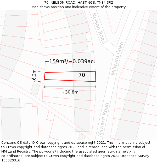 70, NELSON ROAD, HASTINGS, TN34 3RZ: Plot and title map
