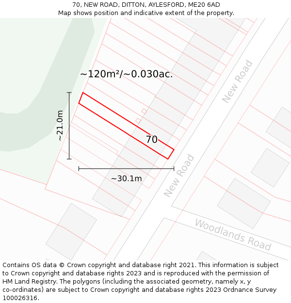 70, NEW ROAD, DITTON, AYLESFORD, ME20 6AD: Plot and title map