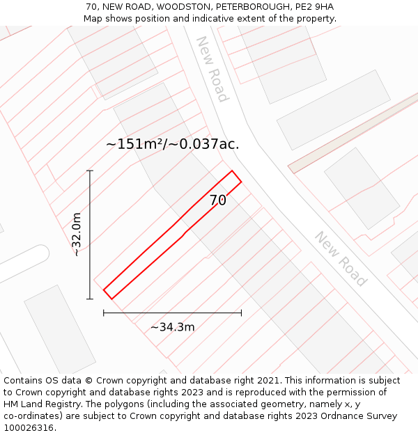 70, NEW ROAD, WOODSTON, PETERBOROUGH, PE2 9HA: Plot and title map