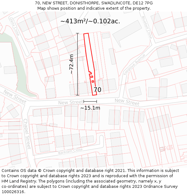 70, NEW STREET, DONISTHORPE, SWADLINCOTE, DE12 7PG: Plot and title map