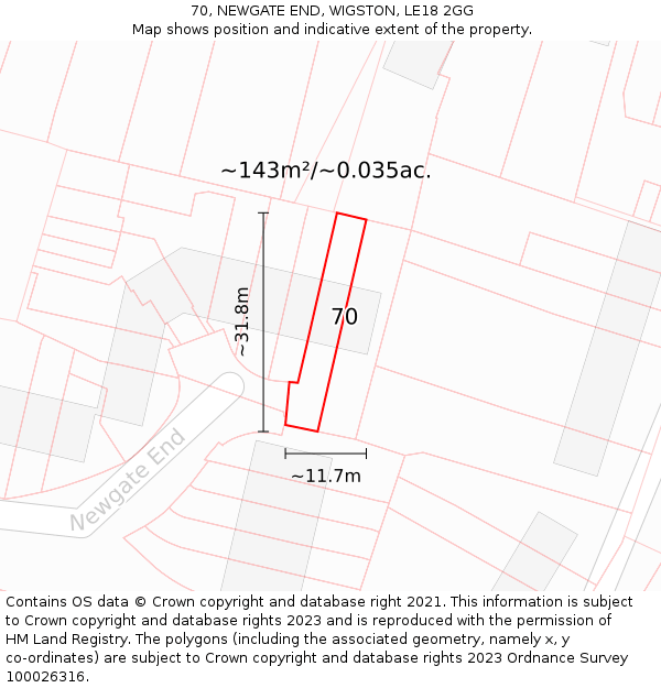 70, NEWGATE END, WIGSTON, LE18 2GG: Plot and title map