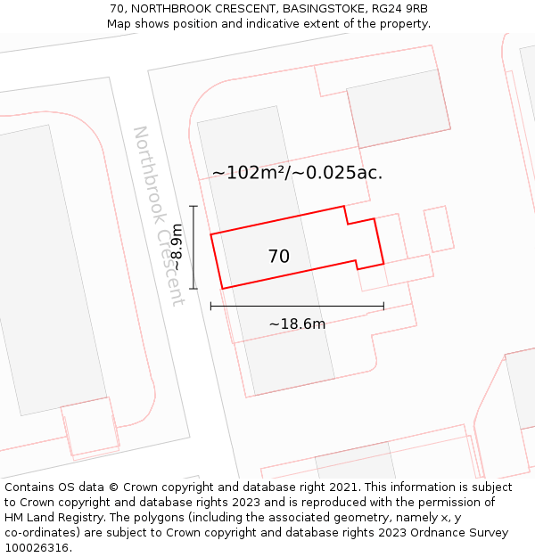 70, NORTHBROOK CRESCENT, BASINGSTOKE, RG24 9RB: Plot and title map