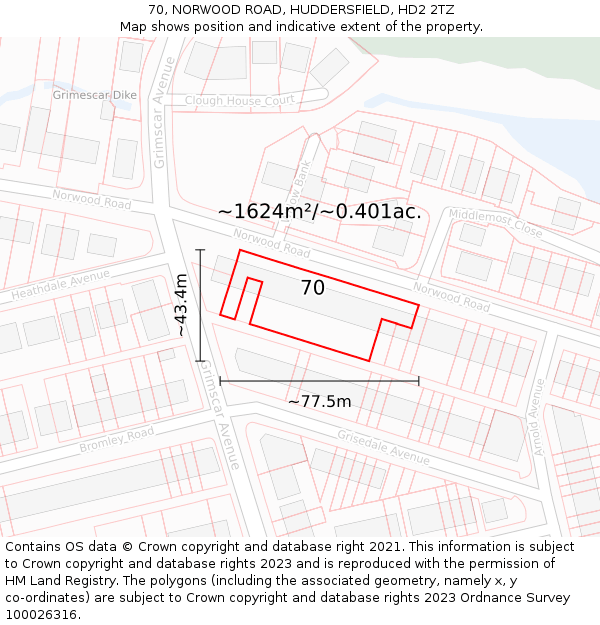 70, NORWOOD ROAD, HUDDERSFIELD, HD2 2TZ: Plot and title map