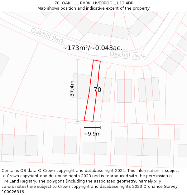 70, OAKHILL PARK, LIVERPOOL, L13 4BP: Plot and title map