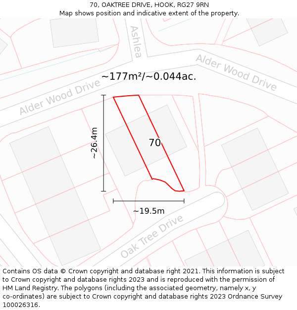 70, OAKTREE DRIVE, HOOK, RG27 9RN: Plot and title map