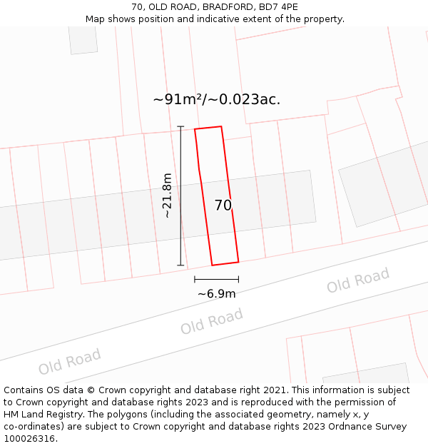 70, OLD ROAD, BRADFORD, BD7 4PE: Plot and title map