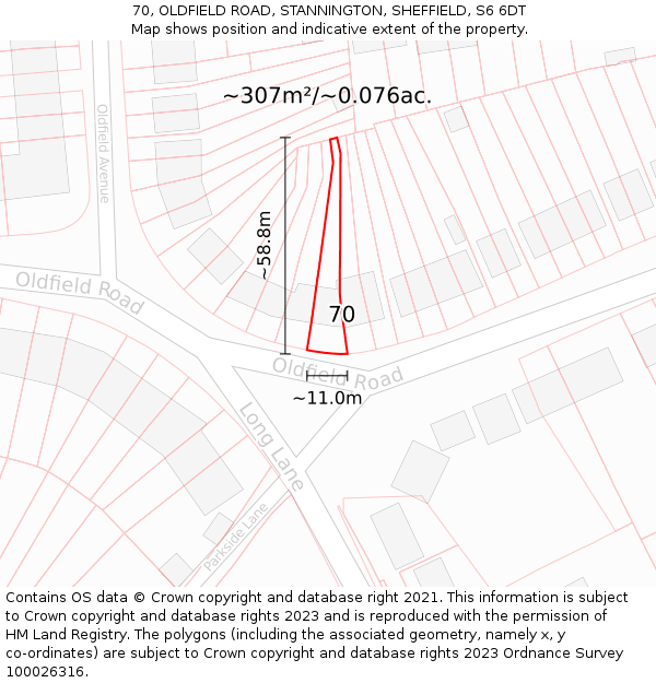 70, OLDFIELD ROAD, STANNINGTON, SHEFFIELD, S6 6DT: Plot and title map