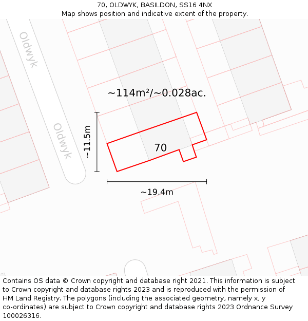 70, OLDWYK, BASILDON, SS16 4NX: Plot and title map