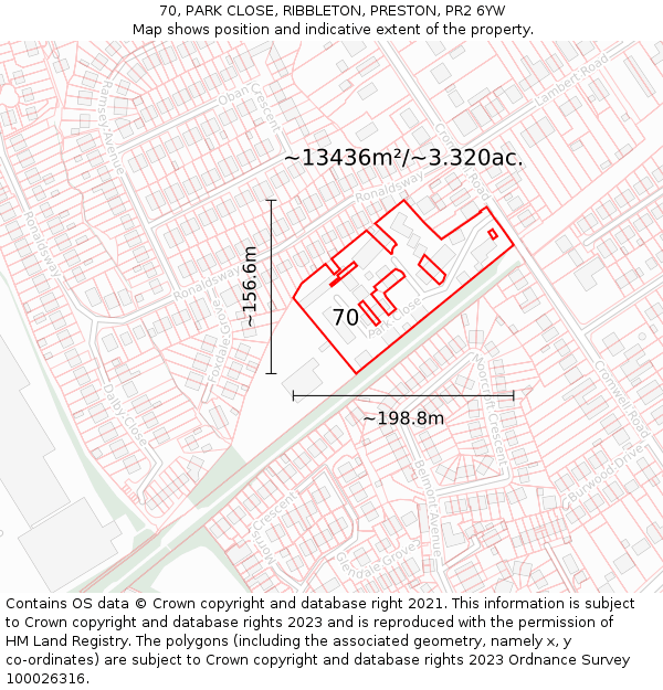 70, PARK CLOSE, RIBBLETON, PRESTON, PR2 6YW: Plot and title map