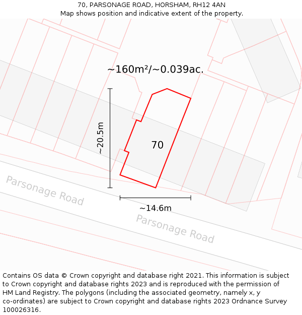 70, PARSONAGE ROAD, HORSHAM, RH12 4AN: Plot and title map