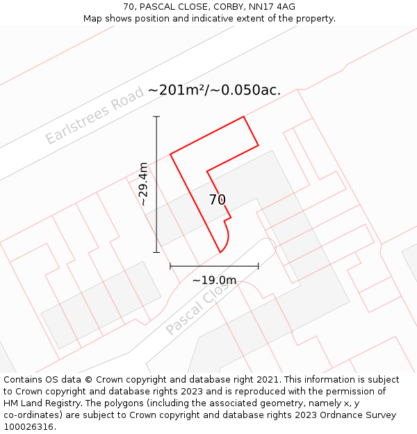 70, PASCAL CLOSE, CORBY, NN17 4AG: Plot and title map