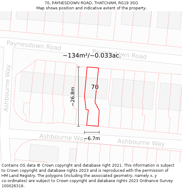 70, PAYNESDOWN ROAD, THATCHAM, RG19 3SG: Plot and title map