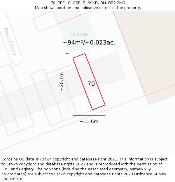 70, PEEL CLOSE, BLACKBURN, BB2 3NG: Plot and title map