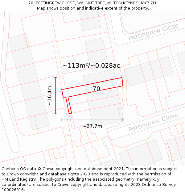 70, PETTINGREW CLOSE, WALNUT TREE, MILTON KEYNES, MK7 7LL: Plot and title map