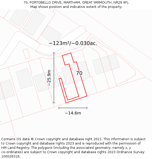 70, PORTOBELLO DRIVE, MARTHAM, GREAT YARMOUTH, NR29 4FL: Plot and title map