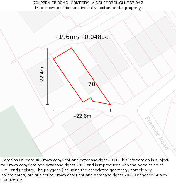 70, PREMIER ROAD, ORMESBY, MIDDLESBROUGH, TS7 9AZ: Plot and title map
