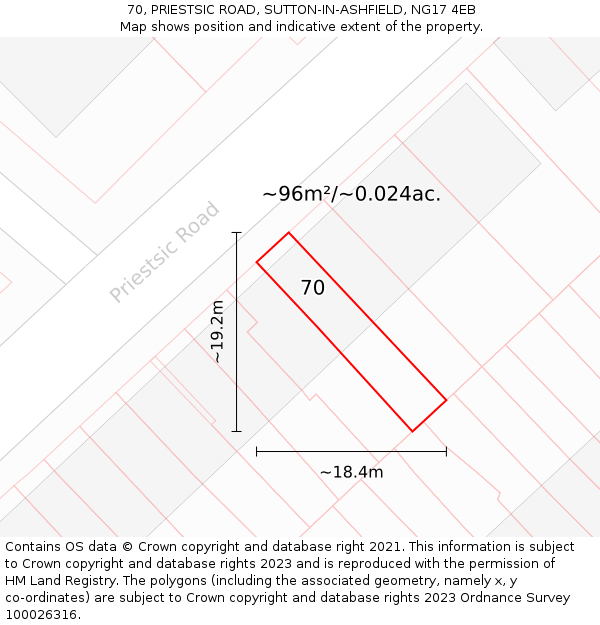 70, PRIESTSIC ROAD, SUTTON-IN-ASHFIELD, NG17 4EB: Plot and title map