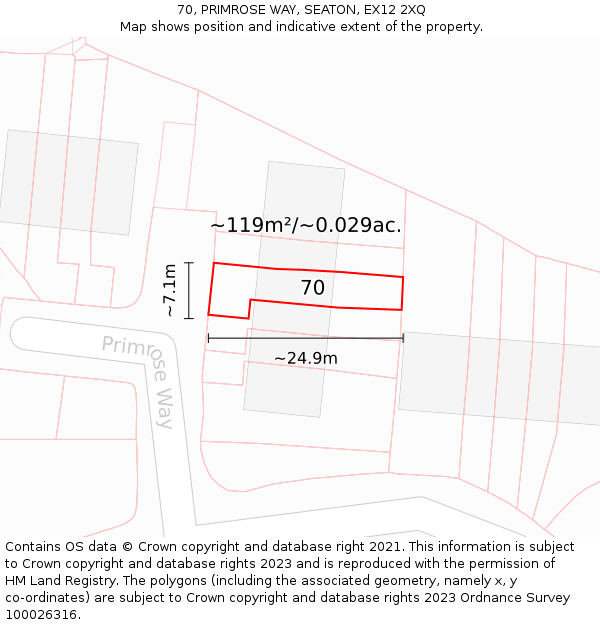 70, PRIMROSE WAY, SEATON, EX12 2XQ: Plot and title map