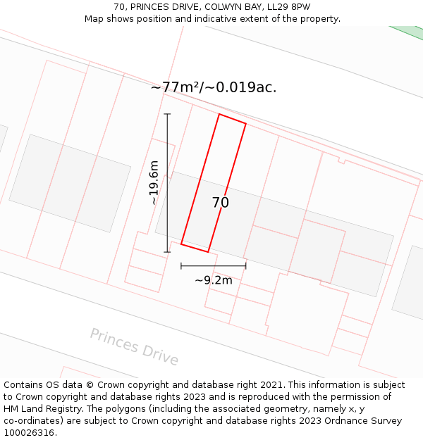 70, PRINCES DRIVE, COLWYN BAY, LL29 8PW: Plot and title map