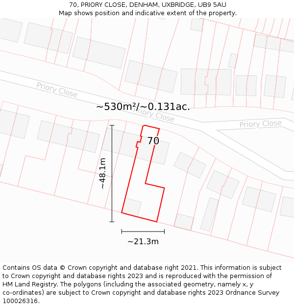 70, PRIORY CLOSE, DENHAM, UXBRIDGE, UB9 5AU: Plot and title map